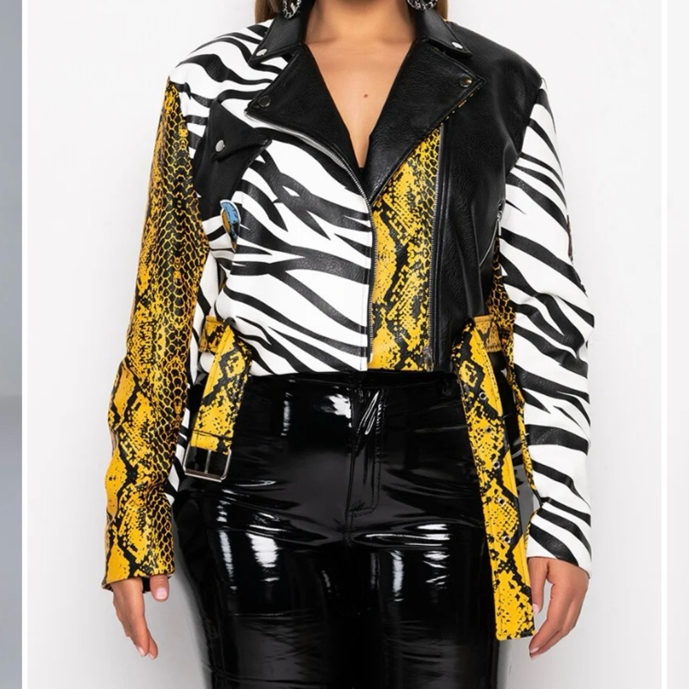 AZALEA WANG Sz XL MISUNDERSTOOD Colorful SKULL SNAKE ZEBRA CROP MOTO JACKET